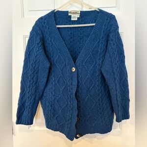 Aran Crafts Ireland 100% Merino Wool Women's XL Blue Button Up Cardigan Sweater